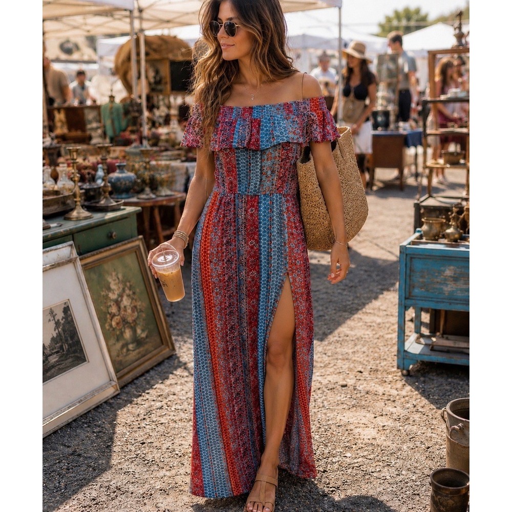 Off Shoulder Patchwork Maxi Dress Sz L 10/12 Hippie Gypsy High Slit Boho Flowy